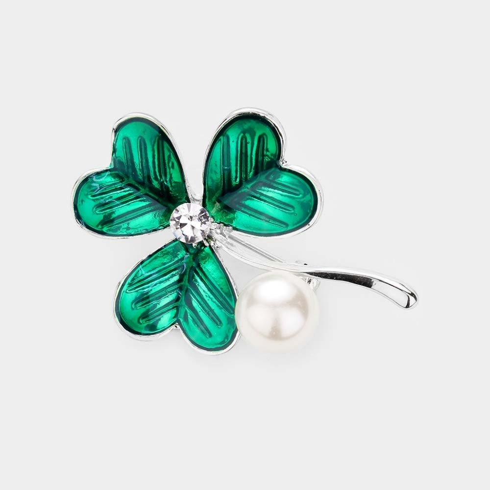 Green Silver Rhinestone Pearl Three Leaf Clover Brooch Pin Shamrock Patricks